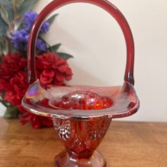 Indiana Glass Ruby Red Carnival Glass Basket Vintage Diamond Point Sunburst Hand - Picture 1 of 6